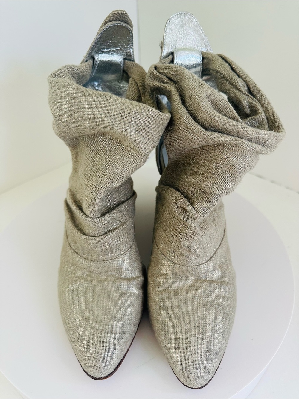 Tsubo Slouchy Pointed-Toe Ankle Boots in Taupe Linen